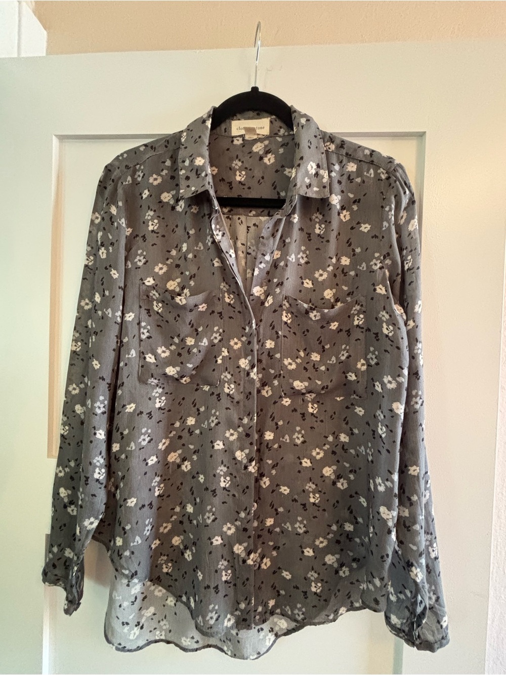 cloth & stone Semi-Sheer Grey Floral Button-Down Shirt